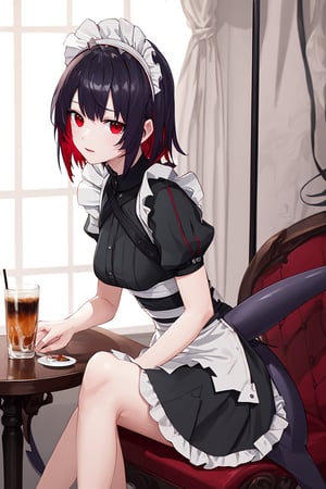 beautiful, beautiful, high quality, highly detailed, pose details, sitting, clothing, maid, physical detail, red eyes, black and red hair, shark tail, place, cafe, Ellen Joe