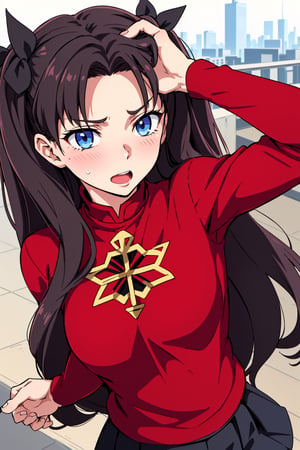 Beautiful, beautiful, high quality, highly detailed, pose details, anime, physical detail, eyes open, blushing, clothing, red shirt, black skirt, long hair, place, city, rin tohsaka,blue eyes