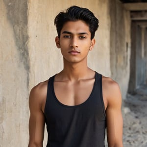 photograph by Annie Leibovitz, A beautiful portrait of a 20-year-old Indian boy. Face: delicate, heart-shaped face with high cheekbones, defining the contours of their facial structure. nose = slightly upturned, giving it a delicate, gentle quality. eyes = almond-shaped, with a warm, golden-brown color that seems to sparkle like warm honey, radiating kindness and compassion. shape of eyes = slightly rounded, with a subtle upward tilt at the outer corners, giving them an endearing, perpetually optimistic look. eyebrows = thin and arched, framing their eyes with a subtle elegance. shape of eyes = slightly asymmetrical, with a slightly more prominent lower lid on the left eye. eyelids = slightly thickened. Hair: a rich, dark-brown mane that falls in gentle, luscious waves down their back. The strands are slightly wavy, with subtle layering that gives their hair volume and texture. hairline = slightly rounded, framing their face with a soft, curved edge. physique = slender and toned. skin = smooth, with a subtle sheen. arms = long and lean,. fingers = delicate, with a subtle taper. lips = full and soft, with a subtle curve . in a black vest and black trousers and sunglasses poses for a future fashion show, he stands on empty white sand with metal building behind her, clean background, head turned slightly to one side, staring at the viewer, standing in front of a crumbling plaster wall, dark, moody, surreal, futurism, figurative and abstract forms highly impact perspective