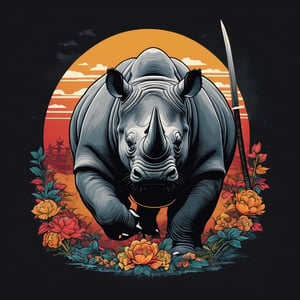 artwork of t-shirt graphic design, flat design of one retro ,rA beautifully drawn (((vintage t-shirt print))), featuring intricate ((retro-inspired typography)) encircling a (((sumi-e ink illustration))) depicting rhino, in a stance holding a katana,gleaming in the sunlight,  ying yang sybol behind the head, integrating elements of Japanese calligraphy with black background, colorfull shades, highly detailed clean, vector image, photorealistic masterpiece, professional photography, simple sunrise backdrop ,, isometric, vibrant vector ,flat design. color splash,