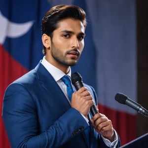 Imagine the following scene:
on a large stage with a podium in the center. A beautiful man speaks into a microphone.
The man is behind the podium, speaking into a microphone, he is a politician in a indian election campaign.
The man is indian, 25yo, with moderate to tall height, dark brown hair in his hair, muscular, brown eyes, big eyes, long eyelashes, full and red lips, no extreme features.
He wears a dark blue bandhgala
His hands are raised, the audience speaks with emotion.
The shot is wide, to capture the details of the scene. best quality, 8K, high resolution, masterpiece, HD, perfect proportions,