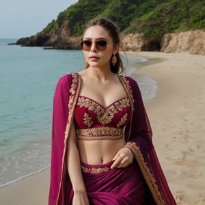 photograph by Annie Leibovitz, face of Elizabeth Olsen, dark eyes, brunette hair pulled back, full lips, Magenta Pink Readymade Lehenga embellished with Zariwork embroidery in Velvet fabric Accompanied with an Readymade blouse and dupatta and sunglasses poses for a future fashion show, she stands on empty beach with pristine mountane staircases behind her, clean background, staring at the viewer, light, professionalism, surreal, futurism, figurative and abstract forms highly impact perspective hyper detailed:1.5, masterpiece, 8 K, photorealistic, (Elizabeth Olsen realistic face:1.5), realistic skin