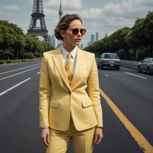 photograph by Annie Leibovitz, face of Jennifer Lawrence, dark eyes, brunette hair pulled back, full lips, MELLOW YELLOW TIE DYE GEORGETTE tradition womens indian Suit Set and sunglasses poses for a future fashion show, she stands on empty Road with Tokyo tower behind her, clean background, staring at the viewer, light, professionalism, surreal, futurism, figurative and abstract forms highly impact perspective hyper detailed:1.5, masterpiece, 8 K, photorealistic, (realistic face:1.5), (beautiful thin face:1.3), realistic skin