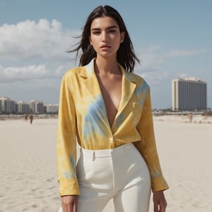 photograph by Annie Leibovitz, face of Dua Lipa, dark eyes, brunette hair pulled back, full lips, MELLOW YELLOW TIE DYE GEORGETTE kutra pyjama and sunglasses poses for a future fashion show, she stands on empty beach with effiel tower behind her, clean background, staring at the viewer, light, professionalism, surreal, futurism, figurative and abstract forms highly impact perspective hyper detailed:1.5, masterpiece, 8 K, photorealistic, (dua lipa realistic face:1.5), (beautiful thin face:1.3), realistic skin