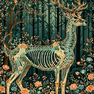 A majestic deer with intricate blue floral patterns adorning its skeletal structure. The deer stands amidst a serene forest backdrop, surrounded by various trees, flowers, and butterflies. The color palette is dominated by soft pastels, with the deer's skeleton being the most prominent feature, contrasting beautifully with the floral elements.