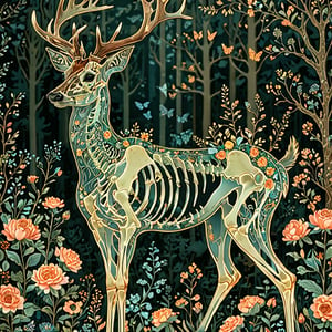 A majestic deer with intricate blue floral patterns adorning its skeletal structure. The deer stands amidst a serene forest backdrop, surrounded by various trees, flowers, and butterflies. The color palette is dominated by soft pastels, with the deer's skeleton being the most prominent feature, contrasting beautifully with the floral elements.