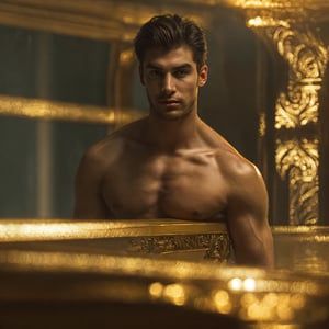 A majestic solo portrait of a dashing young man, standing tall at 172cm with an effortlessly lean physique that exudes confidence and charm. His piercing gaze and striking eyes seem to mesmerize the viewer, while his regal features are accentuated by a soft, golden lighting that casts a warm glow on his chiseled facial structure. With one hand resting casually on a nearby surface, he assumes a relaxed pose that belies his powerful build, as if ready to spring into action at a moment's notice.