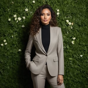 photograph by Annie Leibovitz, image of a indian woman, petite height, athletic build, fair skin, dark brown colured eyes, almond-shaped eyes, straight or slightly upturned nose, brown curly hair, full lips, in a flower modern styled suit and poses for a future fashion business show, she stands on empty greenery covered floor, clean background, head turned slightly to one side, staring at the viewer, dark, energetic, surreal, futurism, figurative and abstract forms highly impact perspective