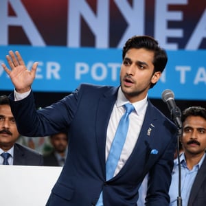 Imagine the following scene:
on a large stage with a podium in the center. A beautiful man speaks into a microphone.
The man is behind the podium, speaking into a microphone, he is a politician in a indian election campaign.
The man is indian, 25yo, with moderate to tall height, dark brown hair in his hair, muscular, brown eyes, big eyes, long eyelashes, full and red lips.
He wears a navy blue suit, black dress shoes. sky blue tie
His hands are raised, the audience speaks with emotion.
The shot is wide, to capture the details of the scene. best quality, 8K, high resolution, masterpiece, HD, perfect proportions,