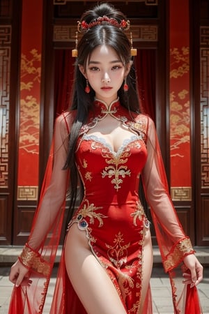 a group of beautiful sexy chinese young girls, sensual, sexsuality, classic chinese ching dynasty dressing, looking at viewer, detailed background inside the king's palace of the forbiden city, luxury furnitures and decoration, see-through chinese palace dress, 16K, HD, long legs, big breasts, 
