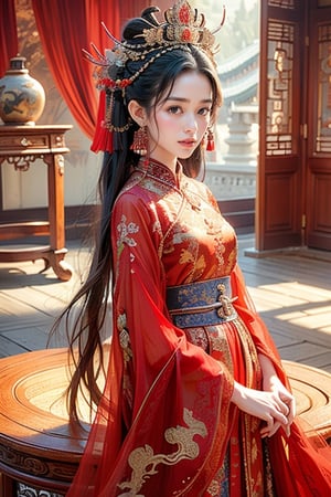 1 beautiful sexy chinese young girls, sensual, sexsuality, classic chinese Ching Dynasty dressing, looking at viewer, detailed background ,inside the king's palace of the forbiden city, dragon decoration, luxury furnitures and chinese palace decoration, dragon furniture, chinese palace dress, 16K, HD, Nice legs and hot body, side dim lights,More Detail