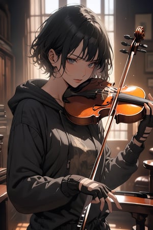 ("masterpiece, best quality"), 4k, high definition, incredibly detailed, 1 boy, solo, short hair, facing the viewer, black eyes, holding a violin, (black hair), cowboy shot, loose-fitting clothes, black shirt, hood, fingerless gloves, Playing the violin, lips, hoodie, aesthetic portrait, short hair,a few strands of hair sticking up,the overall picture is bright,only one straight violin tuning peg.