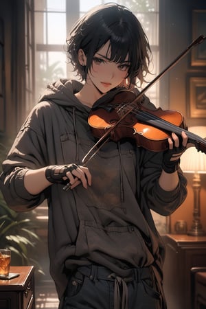 
("masterpiece, best quality"), 4k, high definition, incredibly detailed, 1 boy, solo, short hair, facing the viewer, black eyes, holding a violin, (black hair), cowboy shot, loose-fitting clothes, shirt, hood, fingerless gloves, Playing the violin, lips, hoodie, aesthetic portrait, short hair,a few strands of hair sticking up,the overall picture is bright.
