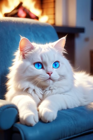 A white cat, with fur, lazily laying on a recliner, blue,eyes,a slob, a fireplace, bright auras of light in the background, sunlight details, depth of field, excellent details, charming, cartoon, cinematic light effect, charming, 3D, cute and whimsical, fantasy, bokeh, freehand drawing, digital painting, soft lighting, full-length character focus, 4K resolution, photorealistic rendering, high-quality details, vector image, photorealistic masterpiece, professional photography, floral background, isometry, bright vector, using cinema, chibi.