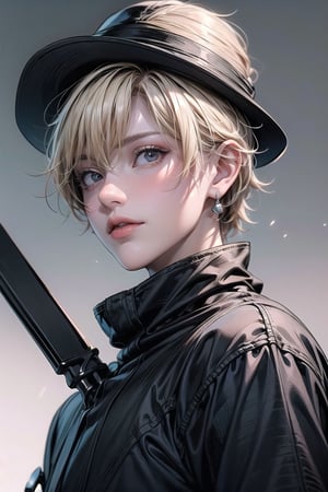 1 boy extreme detailed with a black hat, realistic, solo, official art, extremely detailed, extreme realistic, beautifully detailed eyes, detailed fine nose, detailed fingers. High quality, black eyes,beautiful high detailed blonde short black hair,contiontrating figure. ,wrench_genshin_style,midjourney,FFIXBG,nodf_lora