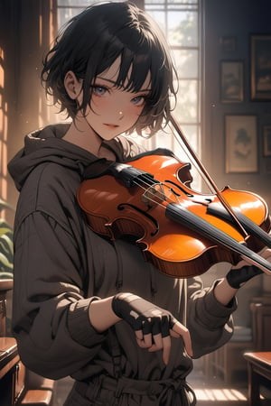 
("masterpiece, best quality"), 4k, high definition, incredibly detailed, 1 boy, solo, short hair, facing the viewer, black eyes, holding a violin, (black hair), cowboy shot, loose-fitting clothes, shirt, hood, fingerless gloves, holding a violin, lips, hoodie, aesthetic portrait, short hair,a few strands of hair sticking up,the overall picture is bright.