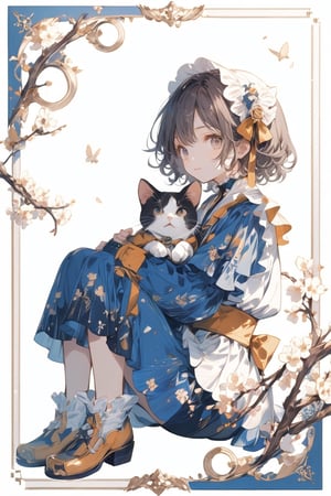 1 boy solo,hugging a cat, black hair,full body,