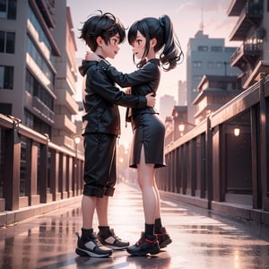 1Boy and 1Girl, 3d, art natural gently mountain , creating a magical city scene that celebrates the artistry  stand hug together , sun light background,masterpiece,best quality,8K,pencil skirt,official art,ultra high res,1girl  and 1boy,1girl wearing winter clothes  11 years old is hugging 1 boy wearing black Tshirt 12 years old,face to face,full body,brother and sister,the girl's shoes leave ground,legs cirle boy's neck.the boy stand up,