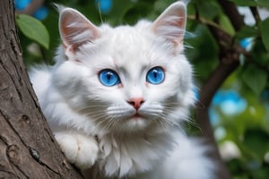 
cute,  cat in the tree,blue eyes,pure whtie fur.