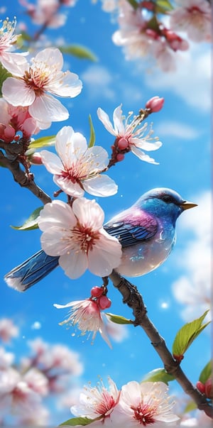 crystal spring blossom, fantasy, blue sky and white clouds,Clear ,plum blossom,transparent, shimmering, sparkling, splendid, colorful, magical photography, dramatic lighting, photo realism, ultra-detailed, 4k, Depth of field, High-resolution,1bird
