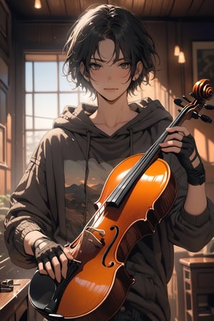 ("masterpiece, best quality"), 4k, high definition, incredibly detailed, 1 boy, solo, short hair, facing the viewer, black eyes, holding a violin, (black hair), cowboy shot, loose-fitting clothes, shirt, hood, fingerless gloves, holding a violin, lips, hoodie, aesthetic portrait, short hair,a few strands of hair sticking up,the overall picture is brightA straight violin tuning peg.