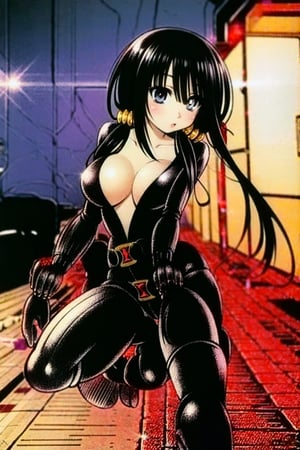 highly detailed, high quality, masterpiece, beautiful (full shot), 1 girl, alone, Kurumi Tokisaki from Date a Live (open eyes, red right eye, yellow left eye, black hair, hair in pigtails, slim body, black latex suit, bodysuit complete, long gloves, black latex gloves, high black boots, latex boots, belt with weapons, battle pose, during the night, street, city,blkwidow,aakurumi