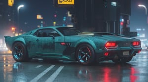 outdoors, no humans, night, ground vehicle, motor vehicle, reflection, car, vehicle focus, sports car, vintage filling, muscle car, more detail XL,cyberpunk style, cyberpunk city background,CyberpunkWorld, end of the world, detail of the car, front bumper, bumper, blurred background, high_resolution, high_res, high quality. 