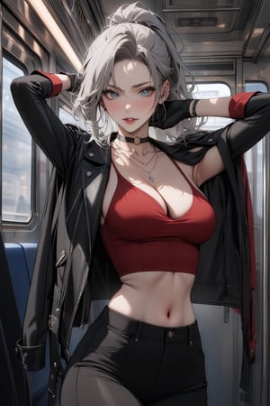 ((masterpiece, best quality, newest)),  1girl, solo, long hair, breasts, looking at viewer, shirt, gloves, long sleeves, navel, cleavage, jewelry, medium breasts, standing, jacket, ponytail, grey hair, cowboy shot, earrings, parted lips, open clothes, choker, midriff, pants, indoors, necklace, arm up, open jacket, lips, black jacket, crop top, grey eyes, black choker, black pants, red shirt, hoop earrings, jacket on shoulders, red lips, train interior, niji5, p3rfect boobs