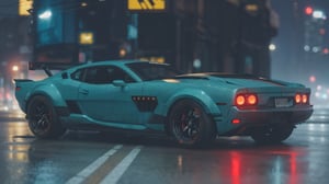 outdoors, no humans, night, ground vehicle, motor vehicle, reflection, car, vehicle focus, sports car, vintage filling, muscle car, more detail XL,cyberpunk style, cyberpunk city background,CyberpunkWorld, end of the world, detail of the car, blurred background
