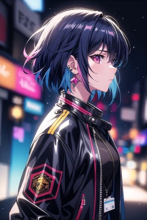 vibrant colors, female, masterpiece, sharp focus, best quality, depth of field, cinematic lighting, ((solo, one woman )), (illustration, 8k CG, extremely detailed), masterpiece, ultra-detailed,  looking at viewer, short hair, bangs, black hair, jewelry, blue hair, jacket, upper body, pink hair, multicolored hair, earrings, open clothes, from side, open jacket, black jacket, profile, piercing, ear piercing, multicolored eyes, leather, badge, colorful, leather jacket