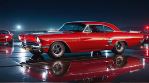 outdoors, no humans, night, ground vehicle, motor vehicle, reflection, car, muscle car, 1950s theme muscle car, vehicle focus, sports car, high quality, bright color, red car, cyperpunk, cyborg, high resolution, more detail XL