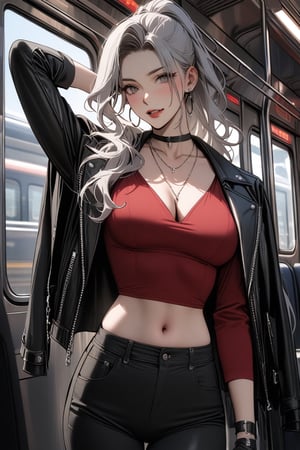 ((masterpiece, best quality, newest)),  1girl, solo, long hair, breasts, looking at viewer, shirt, gloves, long sleeves, navel, cleavage, jewelry, medium breasts, standing, jacket, ponytail, grey hair, cowboy shot, earrings, parted lips, open clothes, choker, midriff, pants, indoors, necklace, arm up, open jacket, lips, black jacket, crop top, grey eyes, black choker, black pants, red shirt, hoop earrings, jacket on shoulders, red lips, train interior, niji5, mature female, mature woman, 40 years old, charming