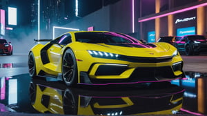 outdoors, no humans, night, ground vehicle, motor vehicle, reflection, car, vehicle focus, sports car, cyberpunk car, future felling, future sport car, muscle car, bright color, dynamic color