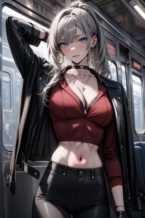 ((masterpiece, best quality, newest)),  1girl, solo, long hair, breasts, looking at viewer, shirt, gloves, long sleeves, navel, cleavage, jewelry, medium breasts, standing, jacket, ponytail, grey hair, cowboy shot, earrings, parted lips, open clothes, choker, midriff, pants, indoors, necklace, arm up, open jacket, lips, black jacket, crop top, grey eyes, black choker, black pants, red shirt, hoop earrings, jacket on shoulders, red lips, train interior, niji5