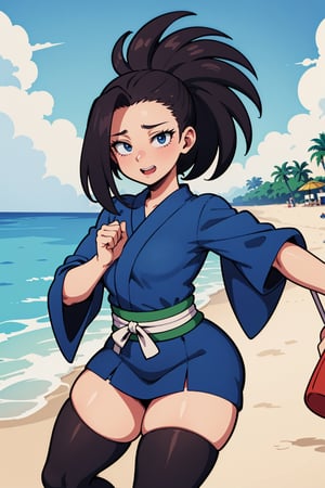 Beautiful, beautiful, high quality, highly detailed, Pose details, caricature, Physical detail, open eyes, blushing, clothing, kimono, place, beach,Momo yaoyorozu,Momo yaoyorozu from My hero academia,skirt,thighhighs,blue shirt, ,