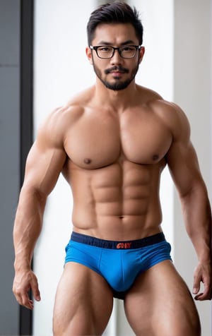 Asian man ,with glasses and stubble,large muscle, hairy chested, hairy legs, hairy arms full body , brief,looking at me, strong legs, big hard. Cock