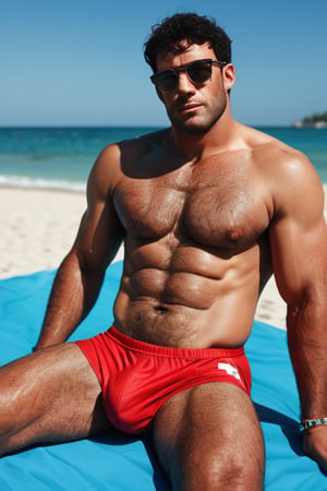 Score_9_up, score_8_up, score_7_up, (1man), black man, black skin very hairy-chested, hairy arms, hairy bodies, hairy legs, masculine, lifeguard, on a crowded beach, sunglasses, muscled, sexy, sitting on a surveillance rower, big bulge, in swimsuit, masterpiece, best quality, hyperrealistic, high quality photoshoot, highly detailed face, highly detailed eyes, touching his bulge 