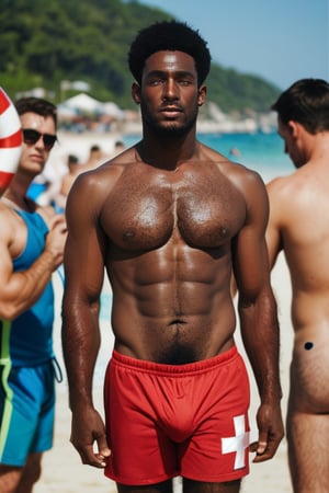 Score_9_up, score_8_up, score_7_up, (1man), black African man, (black skin) very hairy-chested, hairy arms, hairy bodies, hairy legs, masculine, lifeguard, on a crowded beach, muscled, sexy, big bulge, in swimsuit, masterpiece, best quality, hyperrealistic, high quality photoshoot, highly detailed face, highly detailed eyes, touching his bulge 