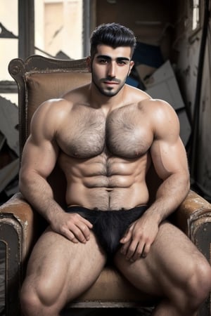 A handsome hairy chested fit Syrian man in a abandoned place, Sitted on An armchair, hairy-chested, hairy arms, hairy body, hairy legs, masculine, wearing briefs
