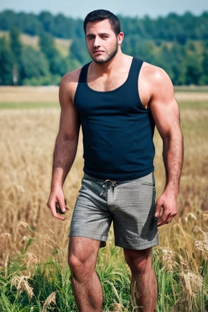 Score_9_up, score_8_up, score_7_up, two handsome hairy chested fit farmers Harvesting hay in a field in Tuscany, hairy-chested, hairy arms, hairy body, hairy legs, , masculine, tanktop, shorts, alpha man, dominator, variable pose, very high quality photoshoot, realistic, highly detailed skin, highly detailed hair