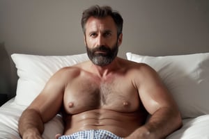 cinematic, stolen shot, male focus, professional HD photo, ((generously proportioned)) mediterranean man, dilf, daddy, 40yo, dad bod, pyjama shorts (noticeable huhe bulge), uncombed, ((hirsute)), (looking at viewer), flirtatious, (messy beard), homoerotic, evening, lying in bed, enjoying it, palms Cinematic, (masterpiece, best quality:1.2), (sharp, detailed:1.2), ultra high res, (best resolution, 8k, UHD, HDR:1.2), RAW