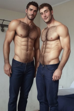Two hairy chested men, shirtless 