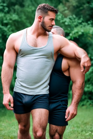 Score_9_up, score_8_up, score_7_up, two handsome hairy chested fit farmers,in a Tuscany field, (one is looking to the other one big bulge) , hairy-chested, hairy arms, hairy body, hairy legs, , masculine, tanktop, shorts, alpha man, dominator, variable pose, very high quality photoshoot, realistic, highly detailed skin, highly detailed hair