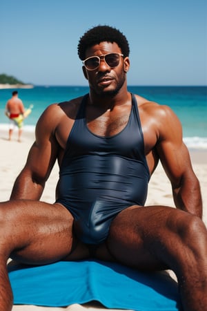 Score_9_up, score_8_up, score_7_up, (1man), black African man, (black skin) very hairy-chested, hairy arms, hairy bodies, hairy legs, masculine, lifeguard, on a crowded beach, sunglasses, muscled, sexy, sitting on a surveillance rower, big bulge, in swimsuit, masterpiece, best quality, hyperrealistic, high quality photoshoot, highly detailed face, highly detailed eyes, touching his bulge 