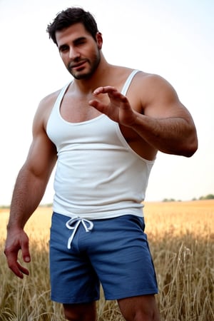 Score_9_up, score_8_up, score_7_up,(2men), two handsome hairy chested fit farmers Harvesting hay in a field in Tuscany, hairy-chested, hairy arms, hairy body, hairy legs, , masculine, tanktop, shorts, alpha man, dominator, variable pose, very high quality photoshoot, realistic, highly detailed skin, highly detailed hair