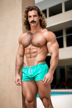 (Full body:1.4), (very low angle:1.5), raw photography of A man standing next to a swimming pool in an old outdoor communal natatorium, (hands resting on his waist:1.2). 35yo, handsome, (head turned to the side:1.2),  well groomed symmetrical  mustache, bodybuilder with flat stomach, strong legs, thick calves, nice big feet,  wearing a swim trunk, (barefoot:1.2), size 14 feet,(hairy body:1.4), hairy stomach , treasure trail,  (hairy chest:1.6), hairy legs, (((very hairy chest))), ((HAIRY body))), Hairy legs, hairy arms, masculine, long curly blonde hair 