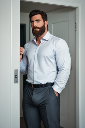 Score_9_up, score_8_up, score_7_up, male focus, rating_explicit, beefy man, beard, office suit, big bulge, On the edge of the door, very embarrassed and surprised expression, highly detailed, hairy-chested, sexy, hyperrealistic, masculine, manager, 