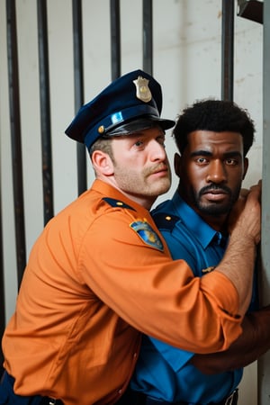 Score_9_up, score_8_up, score_7_up, (2men), rating_explicit, interracial gay couple, two handsome hairy chested fit men, 1man white policeman in uniform,policeman hat, 2man african (black skin) prisoner in orange suit, short curly hair very hairy-chested, hairy arms, hairy body, hairy legs, masculine, in prison, masterpiece, best quality, hyperrealistic, high quality photoshoot, highly detailed face, highly detailed eyes, big bulges, cuddling