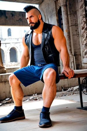 Score_9_up, score_8_up, score_7_up, (1man), mohawk, black hair, beard, hairy chested, hairy legs, hairy arms, hairy body, masculine, he is wearing leather vest and blue jeans shorts, post-apocalypse, stiting on a bench, drinking beer and smoking, ruins, runed metropolis, masterpiece, best quality.