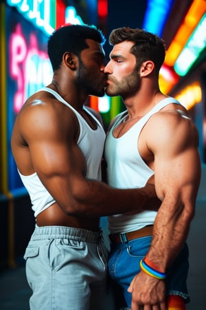 score_9, score_8_up, score_7_up, score_6_up,  (2men), rating_explicit, bara, portrait of a muscular fit male couple, interracial couple, male couple, hairy-chested, hairy arms, hairy body, hairy legs, masculine, fit daddies, wearing a white tank top, denim shorts, looking at viewer, with a rainbow flag, on a pride parade, neon lights, night time, male focus, male only, kissing passionately 